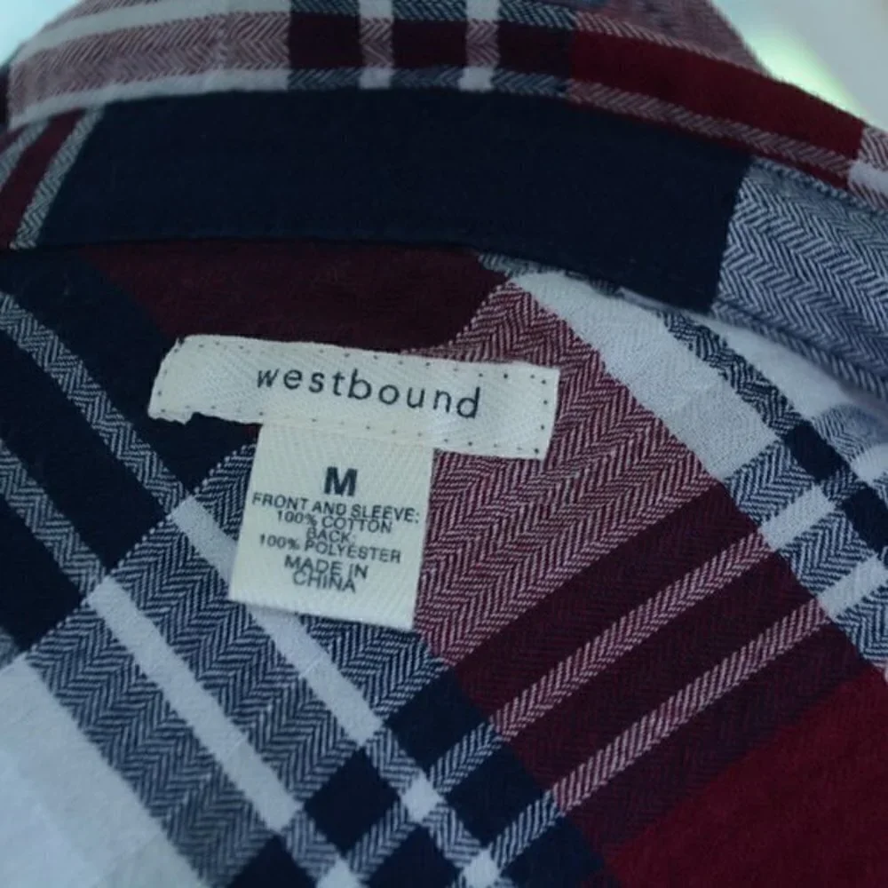 Westbound top plaid navy burgundy button up size medium - Picture 4 of 5